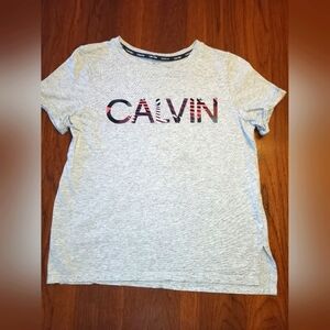 Calvin Klein Womens Heather Grey Black Pink Logo Printed Folded Sleeve Tee Small